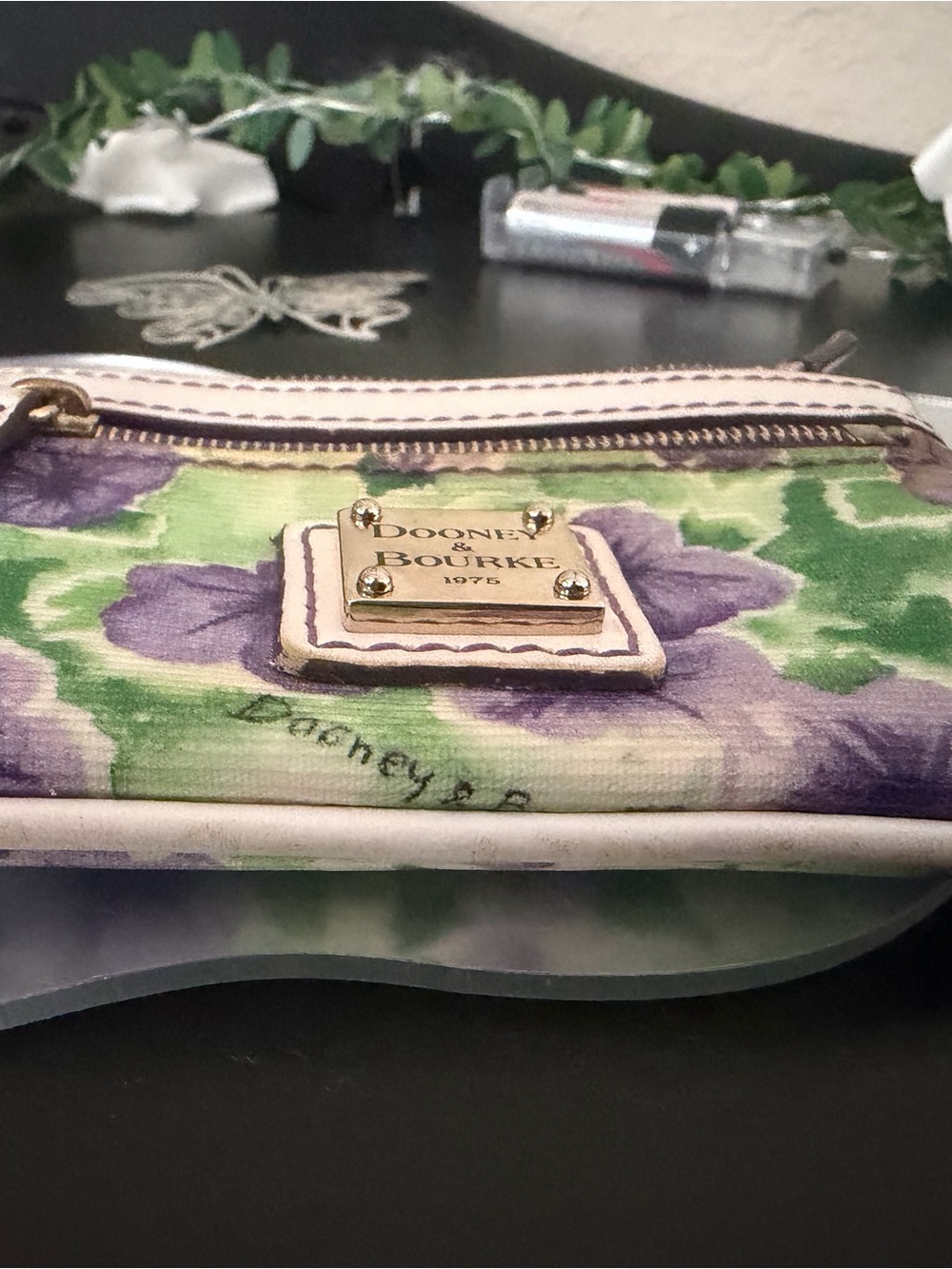 Dooney & Bourke Purple & Green Floral Wristlet with Gold Plaque
